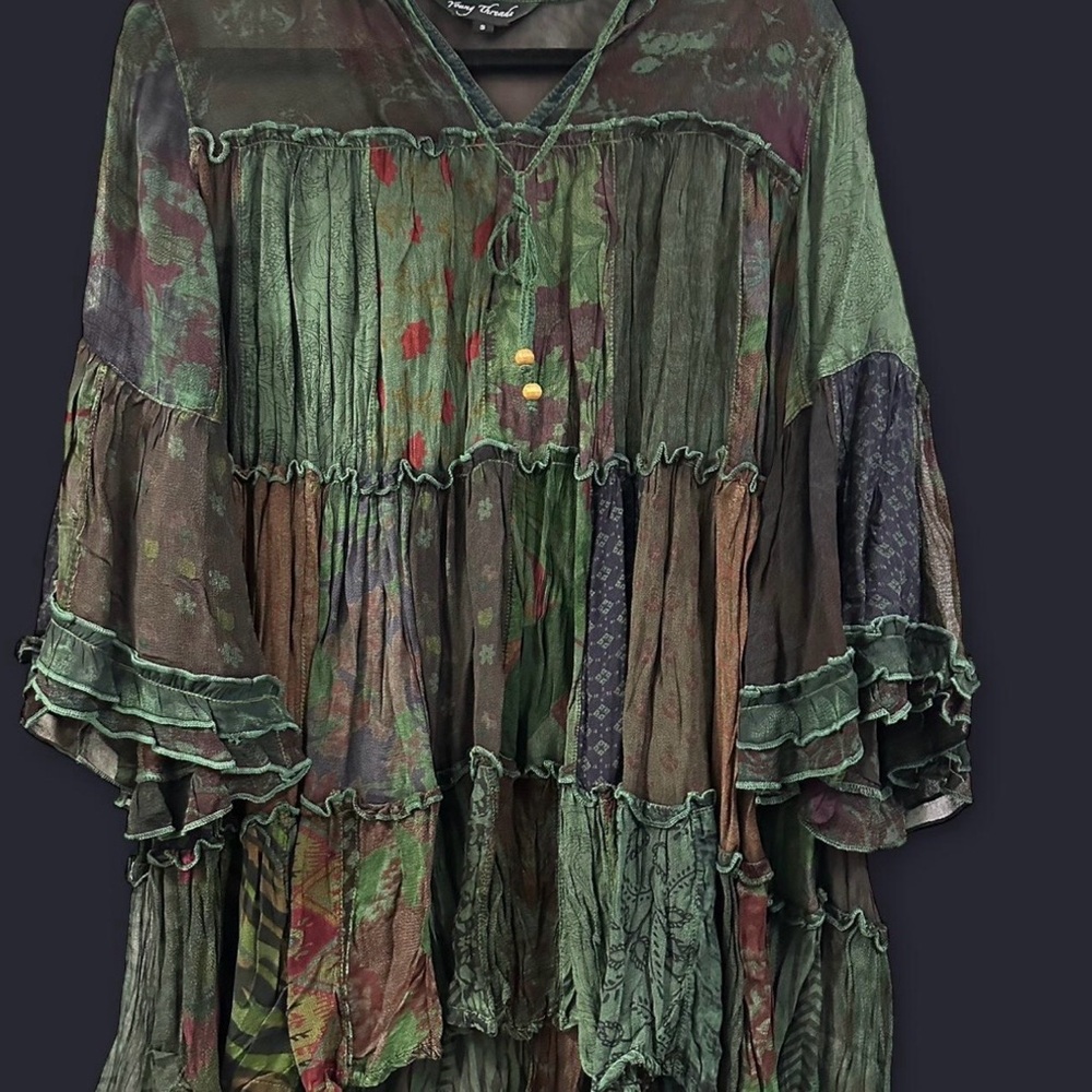 Young Threads Green Patchwork Boho Blouse Size Sm… - image 1
